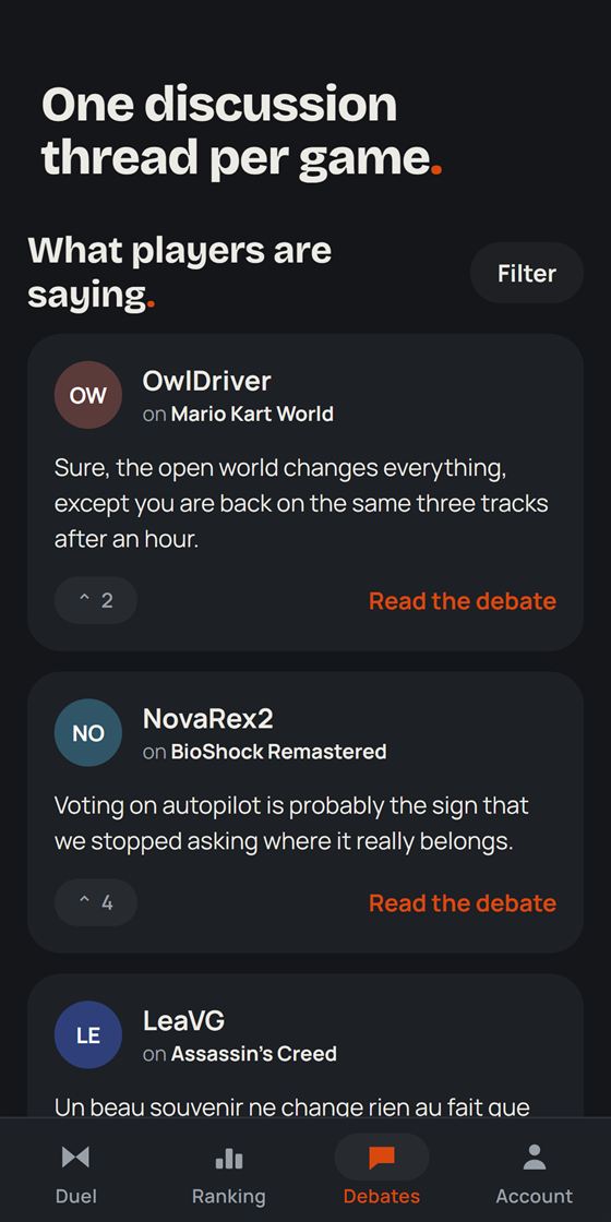 The debates screen of the app, one discussion thread per game