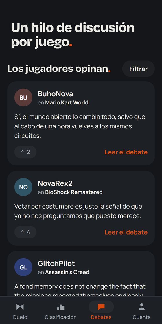 La pantalla de debates de la aplicación, un hilo de discusión por juego