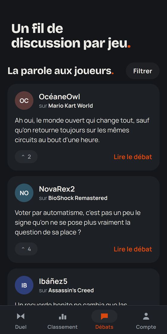 L'écran des débats de l'application, un fil de discussion par jeu